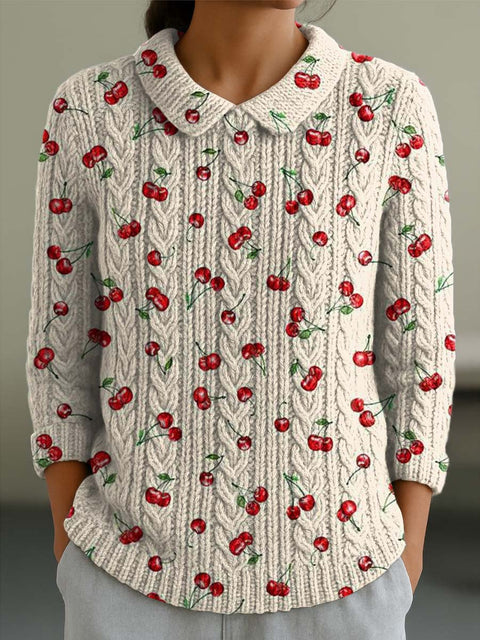 Women's Lovely Cherry Art Print Casual Peter Pan Collar 3/4 Sleeve Sweater