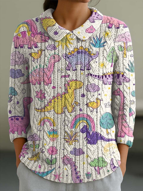 Women's Lovely Dinosaur Art Print Casual Peter Pan Collar 3/4 Sleeve Sweater