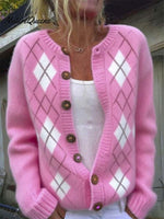 Women's Pink Plaid Pattern Art Print Buttoned Cardigan Sweater
