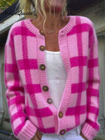 Women's Pink Plaid Pattern Art Print Buttoned Cardigan Sweater
