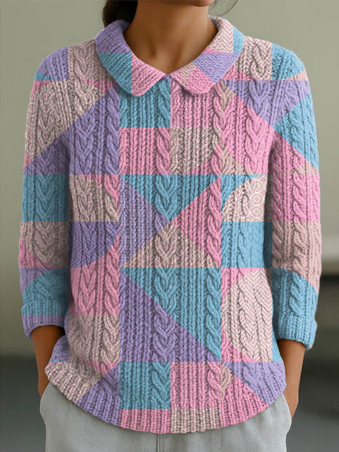 Women's Geometric Pattern Art Print Casual Peter Pan Collar 3/4 Sleeve Sweater