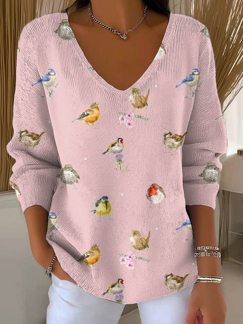 Women's Lovely Birds Pattern Art Print Casual Pullover Sweater