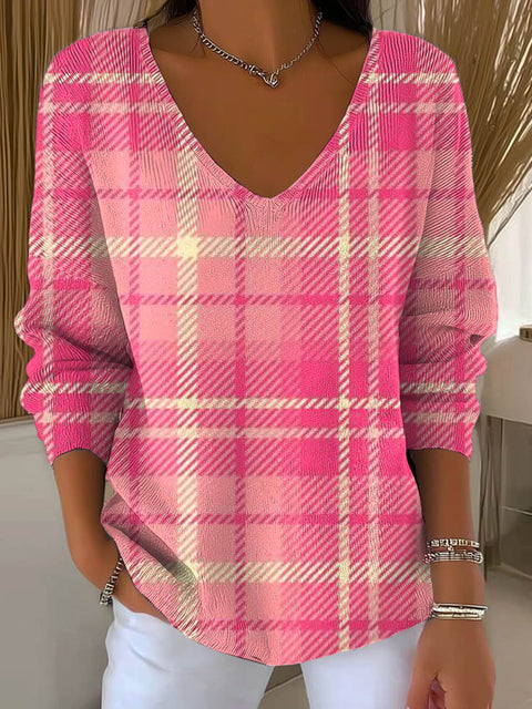Women's Pink Plaid Pattern Art Print Casual Pullover Sweater