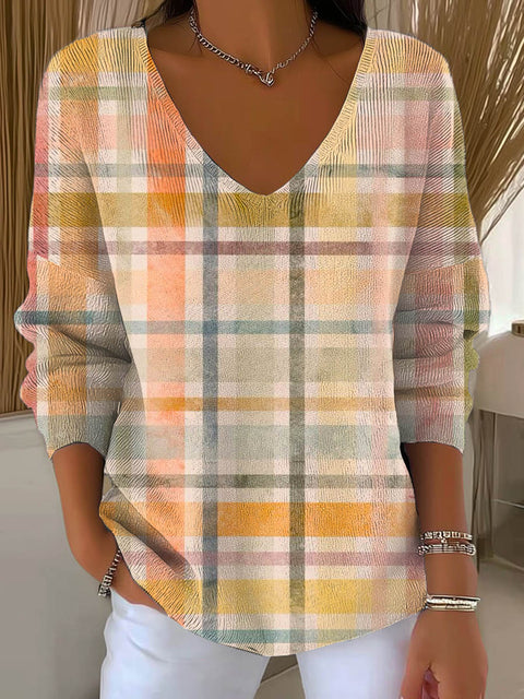 Women's Plaid Pattern Art Print Casual Pullover Sweater