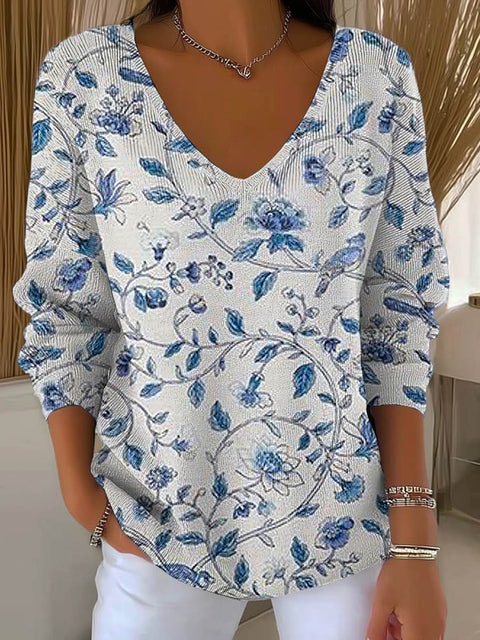 Women's Floral Pattern Art Print Casual Pullover Sweater