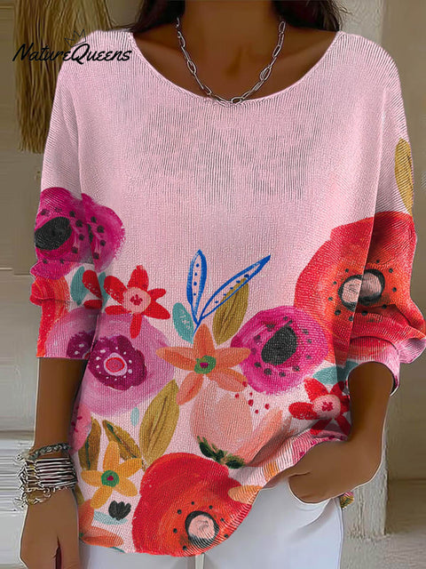 Women's Floral Art Print Casual Pullover Sweater