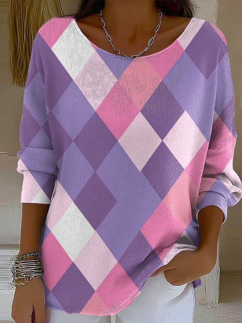 Women's Plaid Pattern Art Print Casual Pullover Sweater