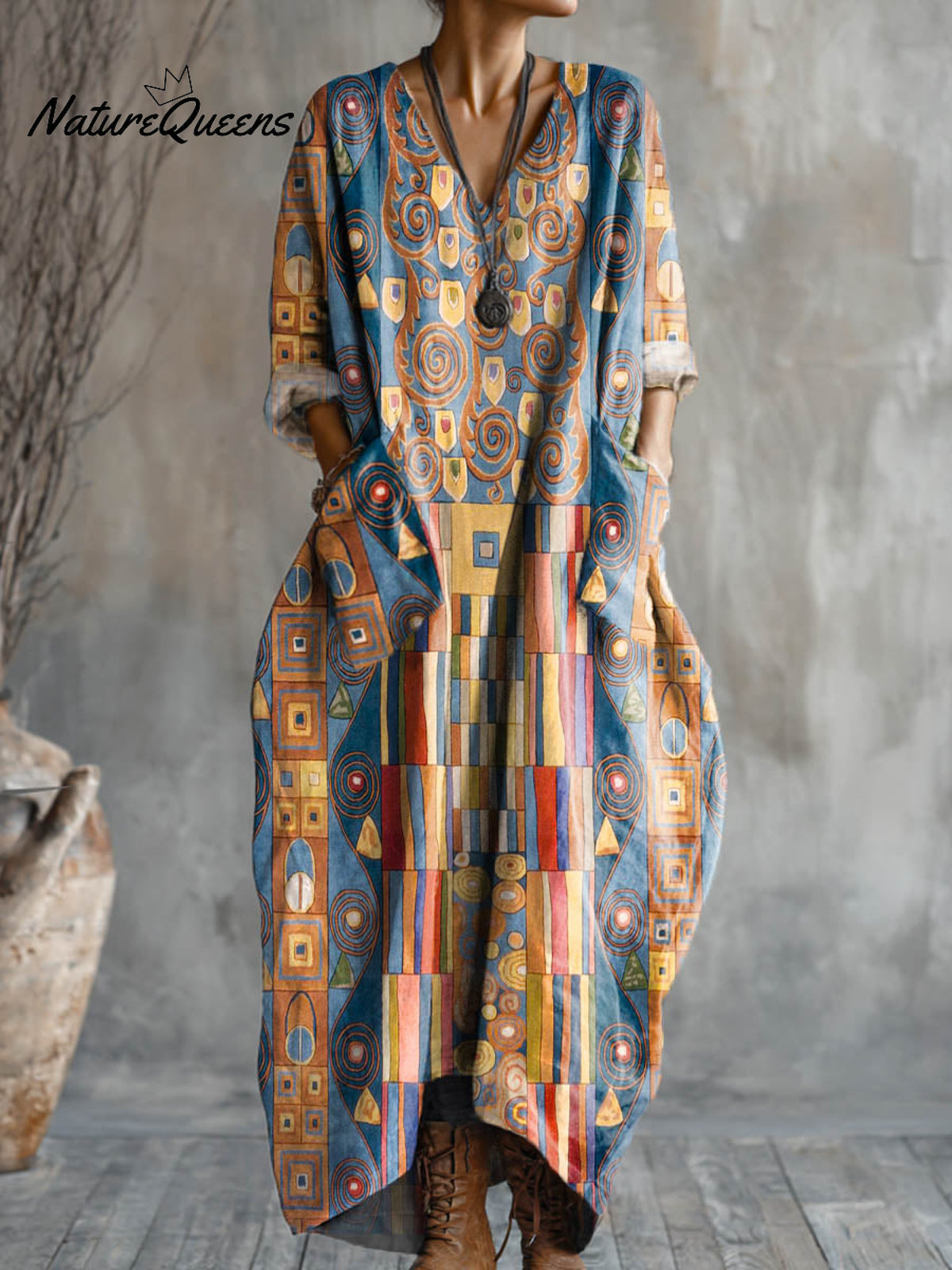 Women's Abstract Geometric Pattern Art Print Pocket V-neck Cotton Dress