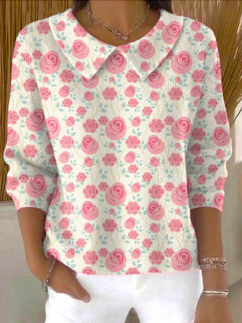 Women's Lovely Floral Art Print Casual Peter Pan Collar 3/4 Sleeve Sweater