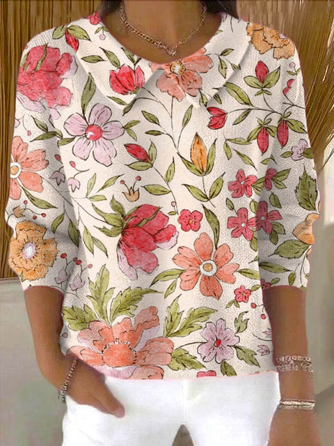 Women's Lovely Floral Art Print Casual Peter Pan Collar 3/4 Sleeve Sweater