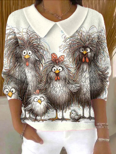 Women's Funny Chicken Art Print Casual Peter Pan Collar 3/4 Sleeve Sweater
