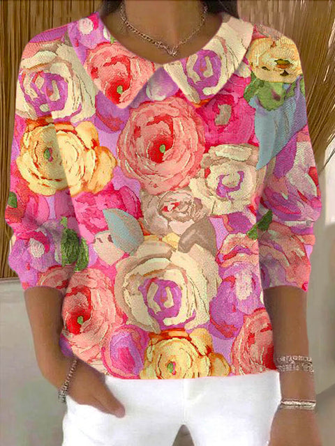 Women's Lovely Floral Art Print Casual Peter Pan Collar 3/4 Sleeve Sweater
