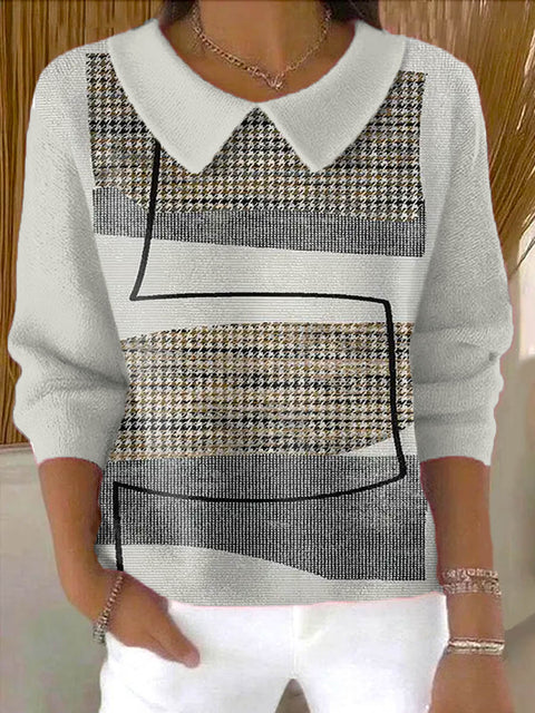 Women's Geometric Pattern Art Print Casual Peter Pan Collar 3/4 Sleeve Sweater