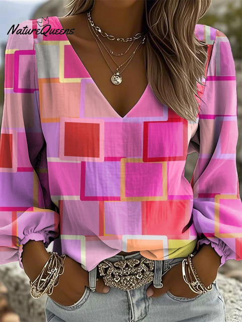 Women's Geometric Art Pattern Print Casual Cotton And Linen Shirt