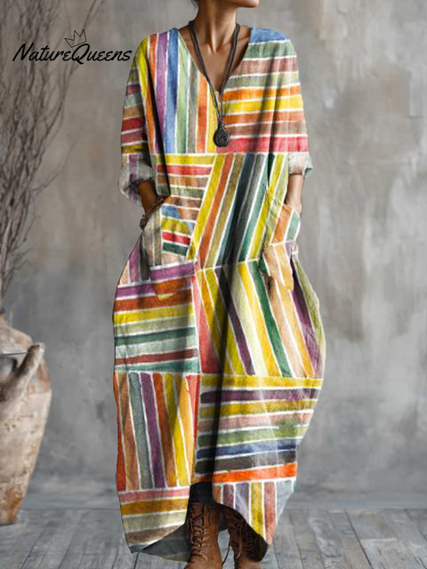 Women's Geometric Art Pattern Print Pocket V-neck Cotton Dress