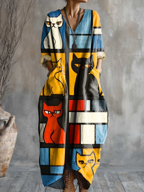 Women's Geometric Cats Art Pattern Print Pocket V-neck Cotton Dress