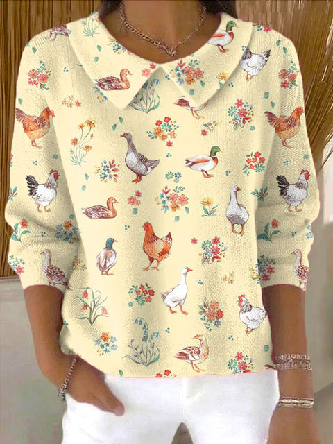 Women's Lovely Animals Art Print Casual Peter Pan Collar 3/4 Sleeve Sweater