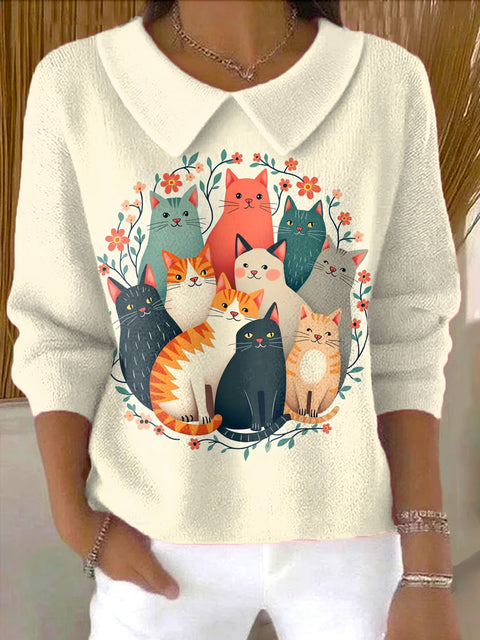 Women's Lovely Cats Art Print Casual Peter Pan Collar 3/4 Sleeve Sweater