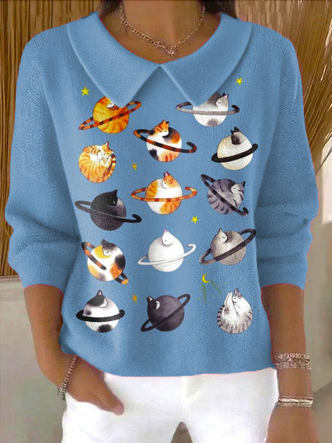 Women's Lovely Cats Art Print Casual Peter Pan Collar 3/4 Sleeve Sweater