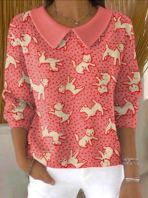 Women's Lovely Cats And Dogs Art Casual Peter Pan Collar 3/4 Sleeve Sweater