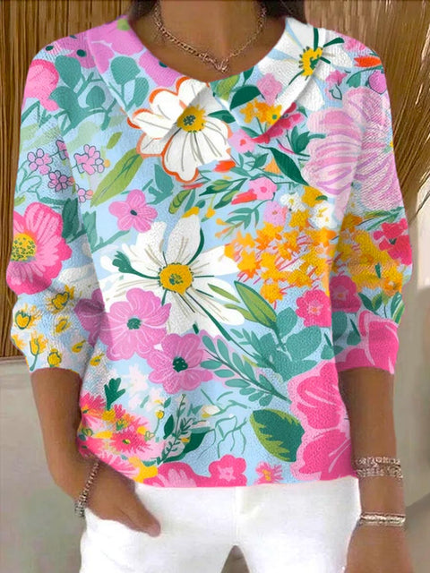 Women's Floral Art Casual Peter Pan Collar 3/4 Sleeve Sweater