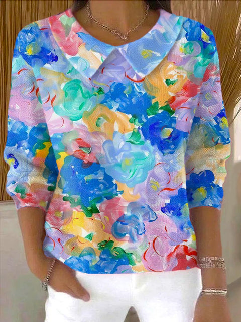 Women's Floral Art Casual Peter Pan Collar 3/4 Sleeve Sweater