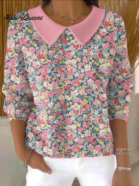 Women's Floral Art Print Casual Peter Pan Collar 3/4 Sleeve Sweater