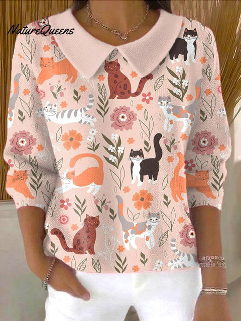Women's Lovely Cats Floral Art Print Casual Peter Pan Collar 3/4 Sleeve Sweater