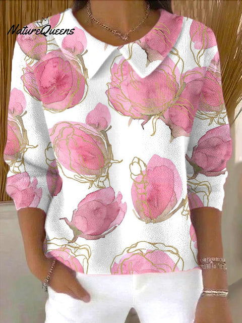Women's Floral Art Print Casual Peter Pan Collar 3/4 Sleeve Sweater