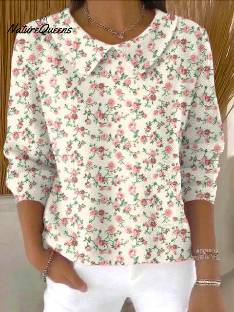 Women's Floral Art Print Casual Peter Pan Collar 3/4 Sleeve Sweater