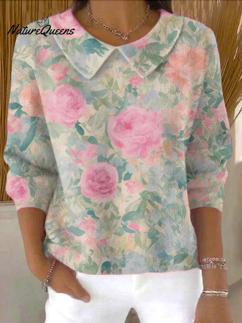 Women's Floral Art Print Casual Peter Pan Collar 3/4 Sleeve Sweater