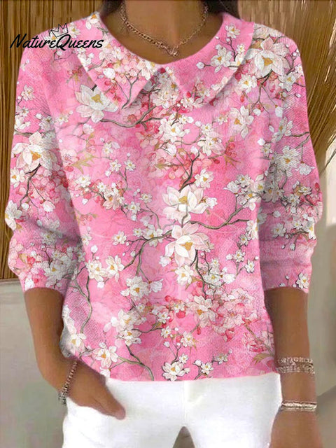 Women's Floral Art Print Casual Peter Pan Collar 3/4 Sleeve Sweater