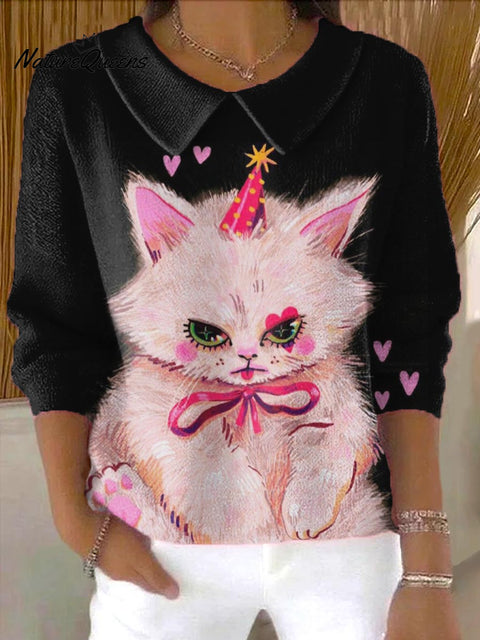 Women's Lovely Cat Art Print Casual Peter Pan Collar 3/4 Sleeve Sweater