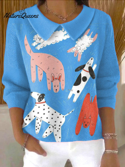 Women's Lovely Dogs Art Print Casual Peter Pan Collar 3/4 Sleeve Sweater