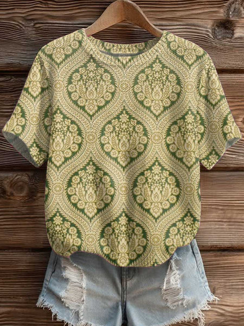 Women's Floral Art Print Casual Crew Neck Short Sleeve Knitted Sweater