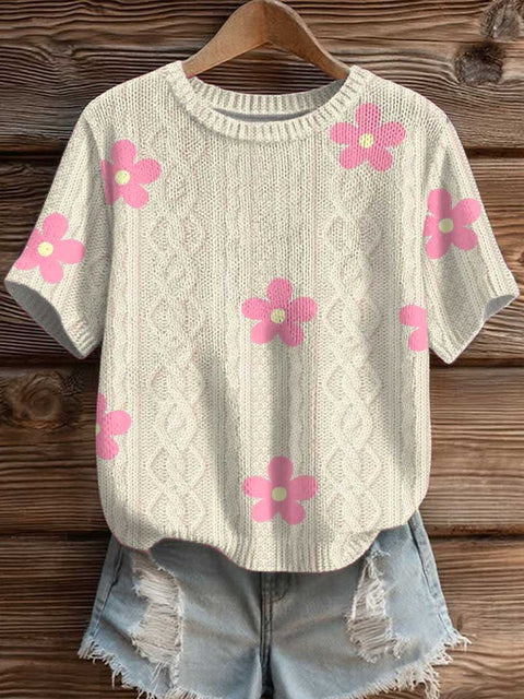 Women's Floral Art Print Casual Crew Neck Short Sleeve Knitted Sweater
