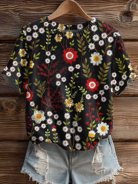 Women's Floral Art Print Casual Crew Neck Short Sleeve Knitted Sweater