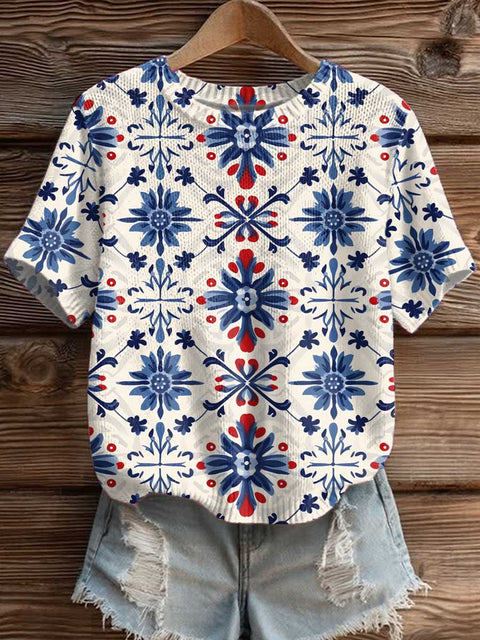 Women's Floral Art Print Casual Crew Neck Short Sleeve Knitted Sweater