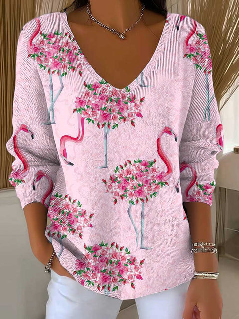 Women's Floral Flamingo Pattern Art Print Casual Pullover Sweater
