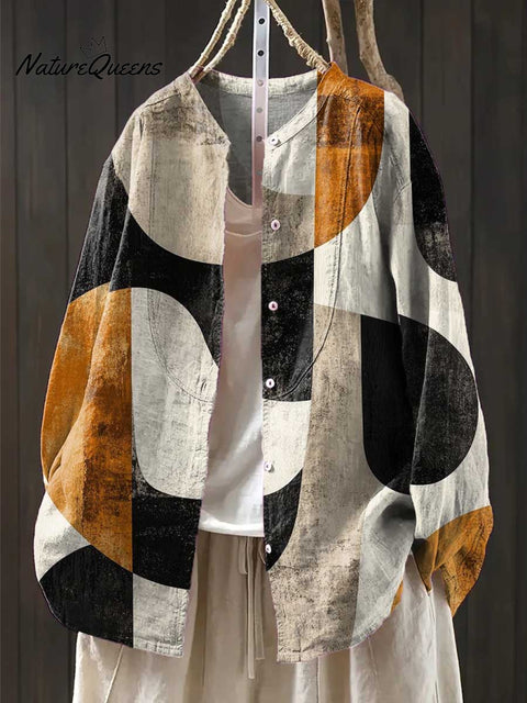 Women's Geometric Pattern Art Print Casual Cotton And Linen Shirt