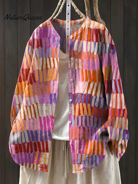Women's Abstract Pattern Art Print Casual Cotton And Linen Shirt