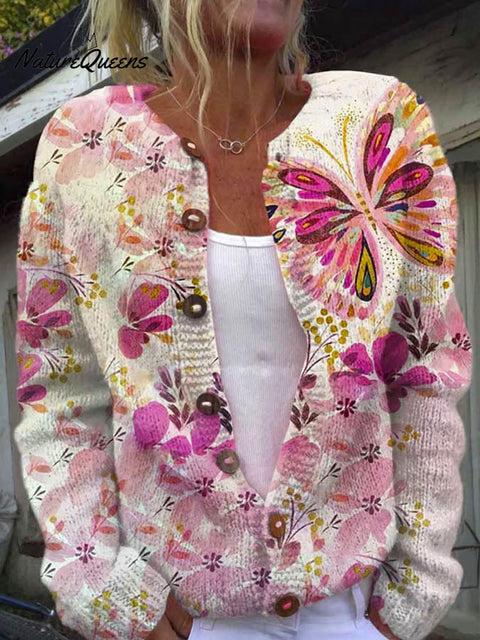 Women's Lovely Butterfly Floral Art Print Buttoned Cardigan Sweater