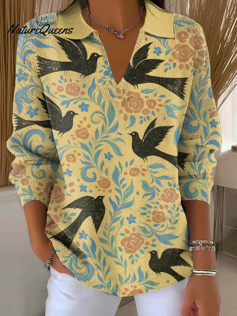 Women's Swallow Floral Art Printed Casual Sweater