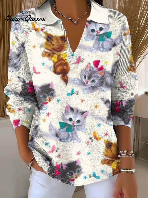 Women's Lovely Cats Art Printed Casual Sweater