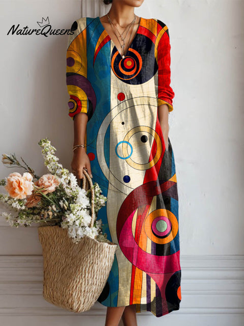 Women's Geometric Pattern Art Print Cotton And Linen Pocket Dress