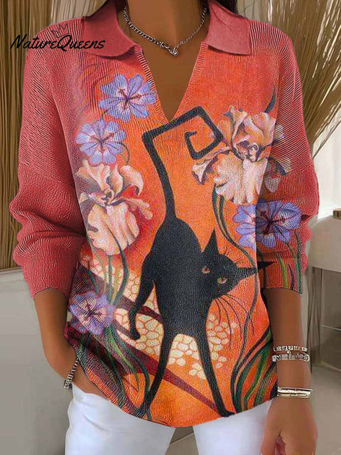 Women's Lovely Cat Floral Art Printed Casual Sweater