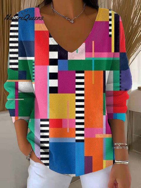 Women's Geometric Pattern Art Print Casual Pullover Sweater