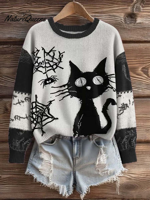 Funny Cat Art Print Knit Pullover Sweater