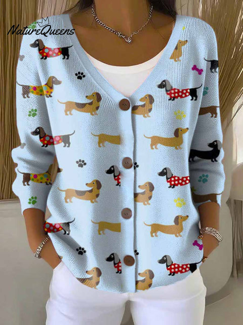 Funny Dogs Art Print Buttoned V-neck Cardigan Sweater