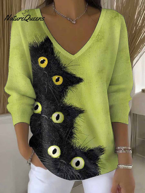Women's Lovely Cats Art Print Casual Pullover Sweater